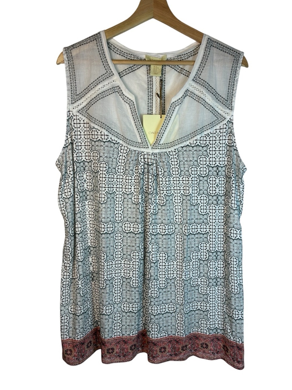 Cynthia Rowley Top 1X Sleeveless Mixed Media V-Neck Eyelet Boho Coastal